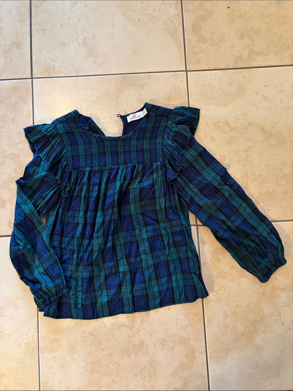 Plaid Long-Sleeve Ruffle Yoke Top - Blue & Green